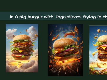 A big burger with ingredients flying in the sky preview picture