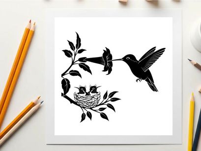 Silhouette of hummingbird feeding young in nest on branch