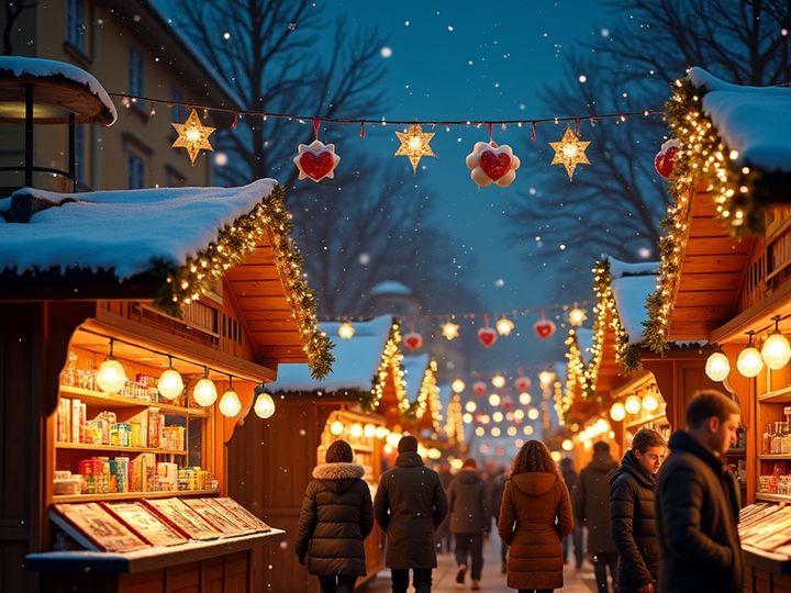 A European Christmas market twinkles at night with fairy lights