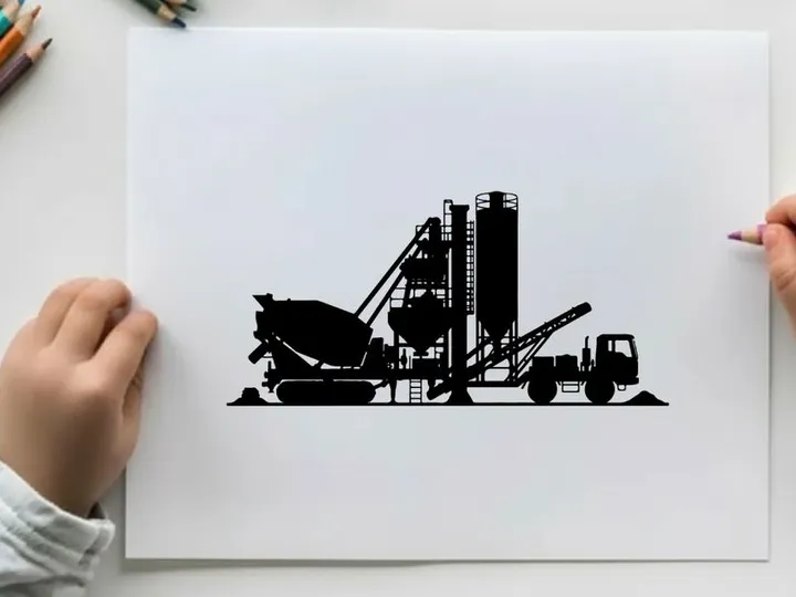 Silhouette of a large industrial concrete mixer machine