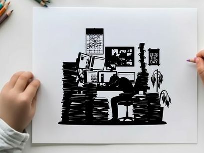 Silhouette of a person surrounded by stacks of paperwork silhouette