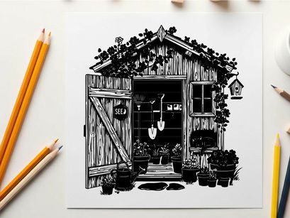 Silhouette of a cozy rustic wooden shed with plants