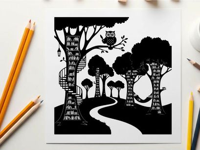 Whimsical forest scene with treehouse silhouette and winding path
