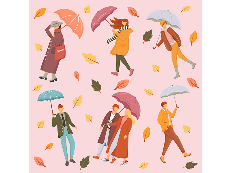 People with umbrellas flat vector seamless pattern