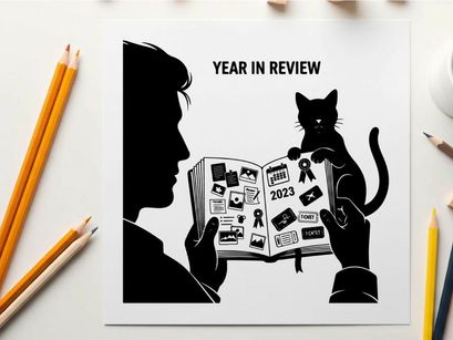Silhouette of a person and cat reading a year in review calendar