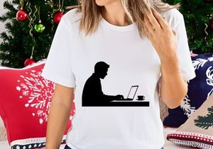 Woman working on laptop with coffee minimalist silhouette