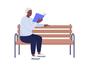 Elderly man with book relaxing on bench semi flat color vector character preview picture