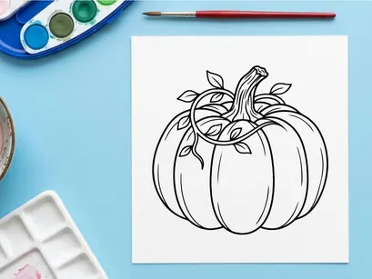 Pumpkin with vine and leaves for autumn harvest. Seasonal vegetable display for fall decor.