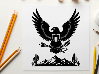 American eagle silhouette with mountains and cacti landscape