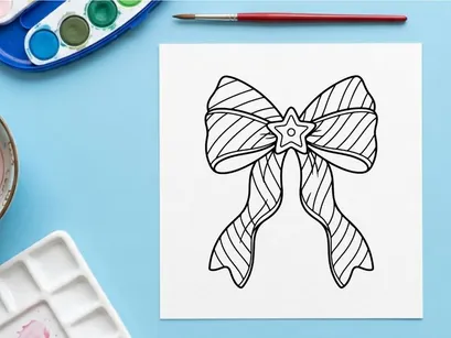 Christmas bow coloring page with star ornament for holiday activity and festive decoration.