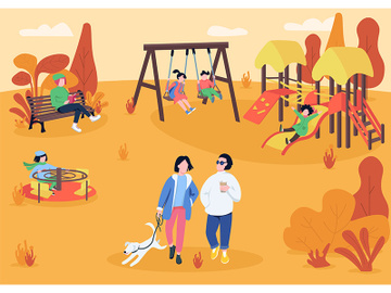 Autumn playpark with visitors flat color vector illustration preview picture