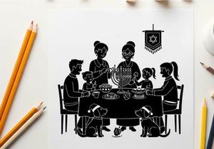 Family celebrating hanukkah with menorah silhouette