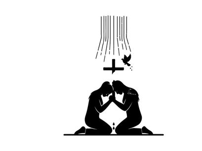 Silhouette of two people kneeling in prayer with cross silhouette