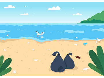 Empty dirty beach flat color vector illustration preview picture