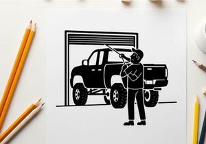 Silhouette of a man standing next to a large pickup truck in a garage