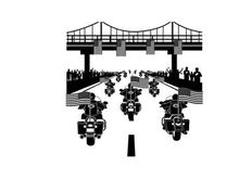 Motorcycle parade under a bridge silhouette