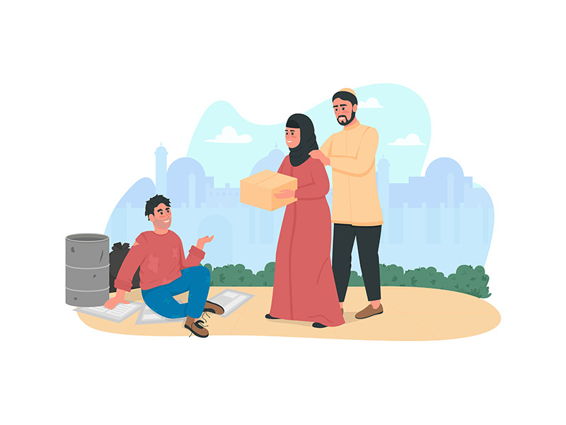 Arabian couple help homeless person 2D vector web banner, poster