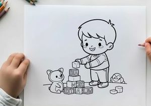 Boy playing with alphabet blocks and toys vector illustration