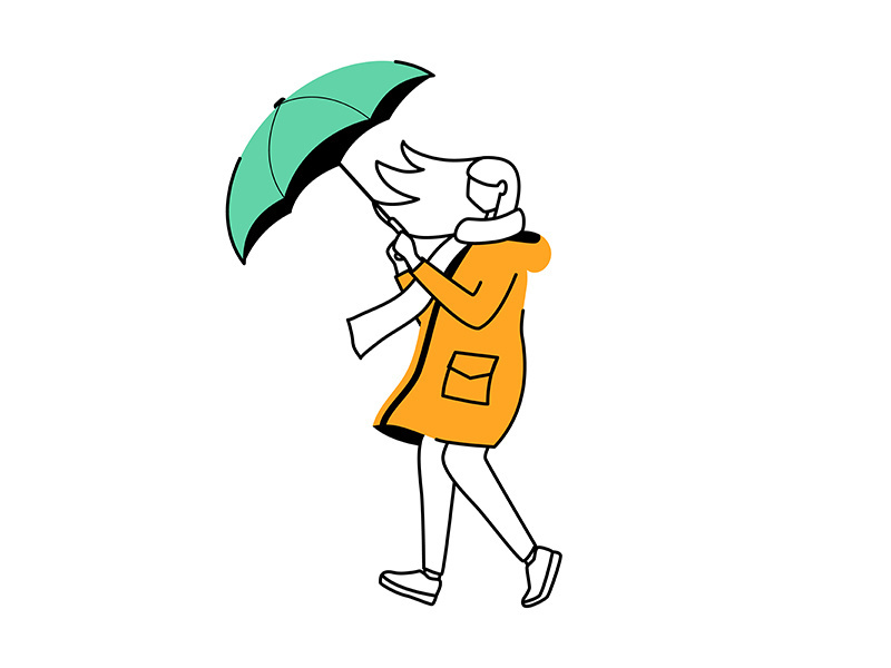 Woman in raincoat flat contour vector illustration