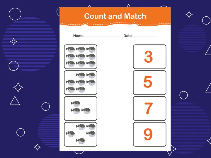 10 Pages Count and match with the correct number. Matching education game. Count how many items and choose the correct number
