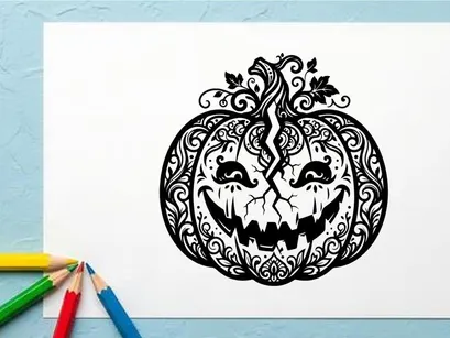 Decorative Halloween pumpkin with carved face and intricate patterns