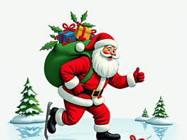 A festive graphic of Santa ice skating while delivering gifts. preview picture