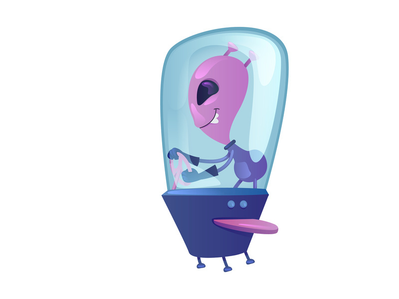 Alien in spaceship flat cartoon vector illustration