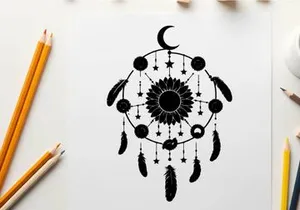 Silhouette dreamcatcher with crescent moon and feathers