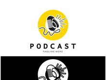 podcast logo with microphone and earphone audio, radio waves. for studio, talk show, chat, information sharing, interview, multimedia and web.