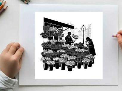 Silhouette of a flower vendor and customer in a bustling urban setting silhouette