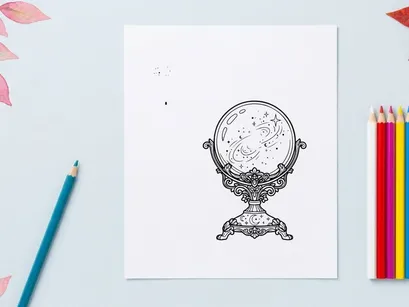 Ilustración de arte lineal de bola de cristal. Orbe mágico místico con estrellas de galaxia y telaraña.