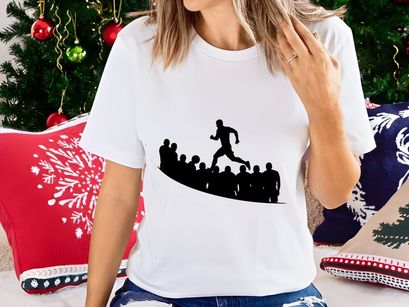 A lone runner sprints ahead of a crowd of people in a black silhouette illustration