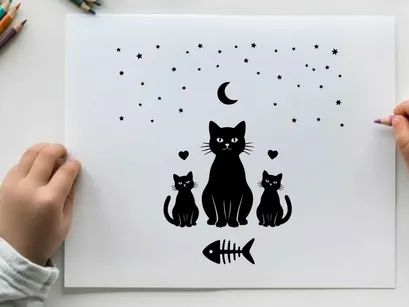 Three black cats silhouette under a crescent moon and stars