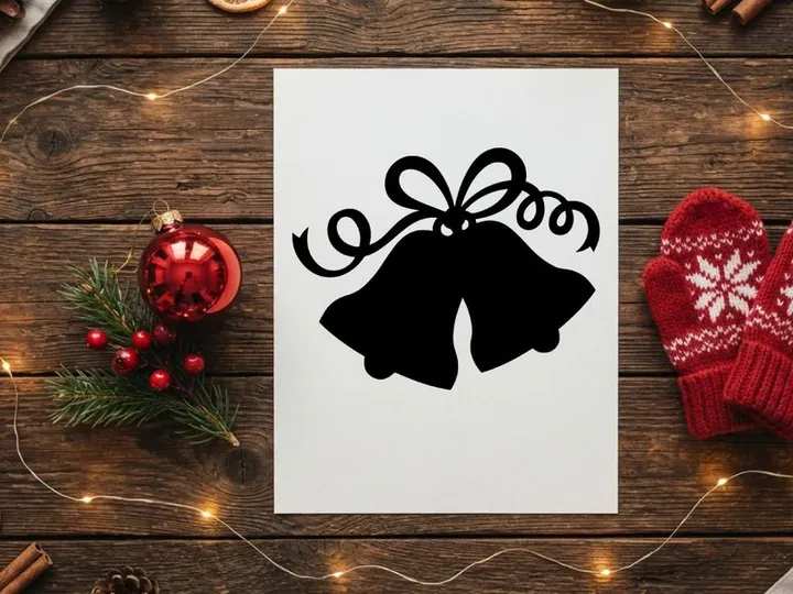 Schwarze Silhouette von Weihnachtsglocken mit dekorativer Schleife auf weißem Hintergrund