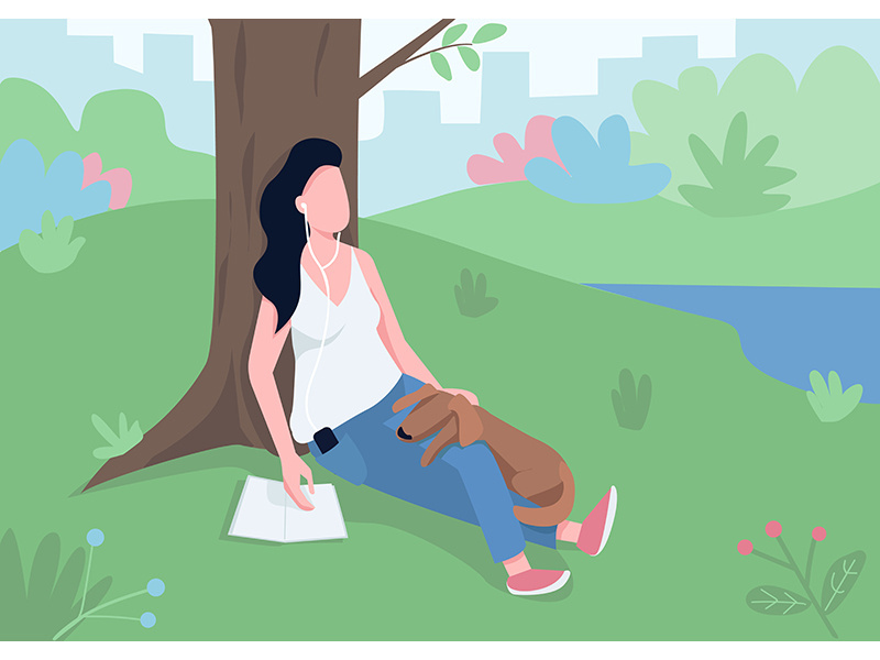 Girl resting in park flat color vector illustration