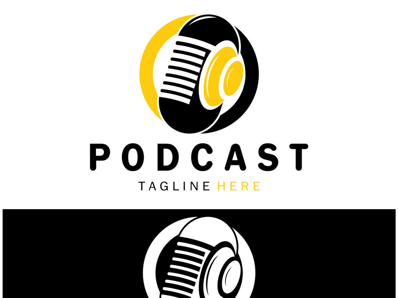 podcast logo with microphone and earphone audio, radio waves. for studio, talk show, chat, information sharing, interview, multimedia and web.