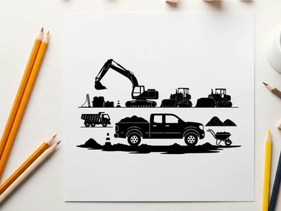 Construction site silhouette with heavy machinery and vehicles