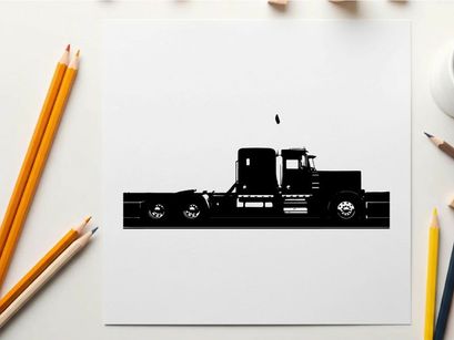 Silhouette of a semi truck against a white background
