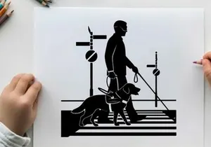 Silhouette of a man with guide dog crossing street