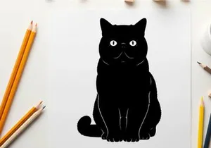 Black cat silhouette with glowing eyes on white background silhouette