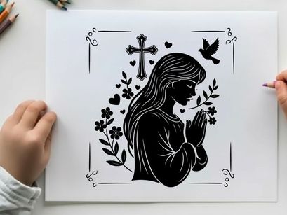 Silhouette of a praying woman with flowers and cross silhouette