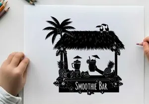 Silhouette of a tropical smoothie bar with palm tree and thatched roof