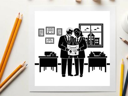 Business colleagues in office looking at newspaper silhouette