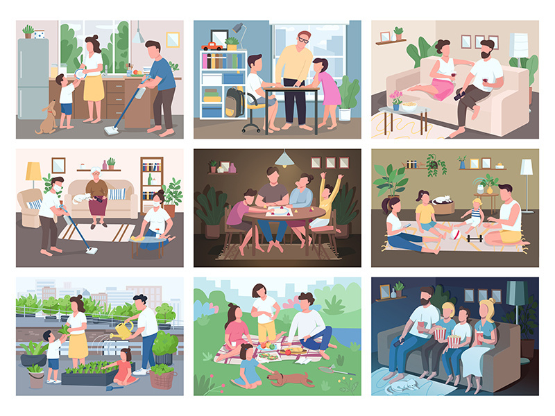 Family routine flat color vector illustrations set