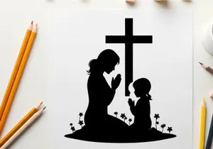 Silhouette of mother and child praying by cross