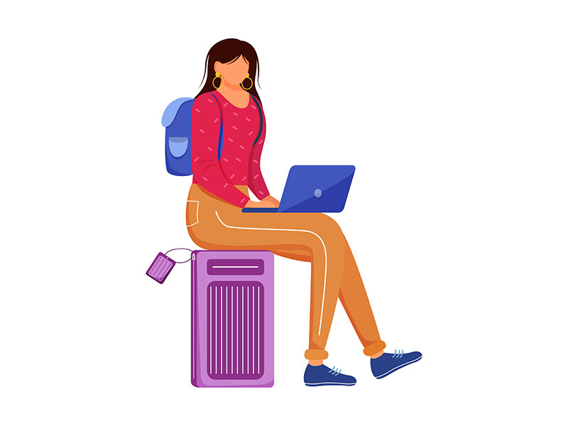 Using laptop during travelling flat vector illustration
