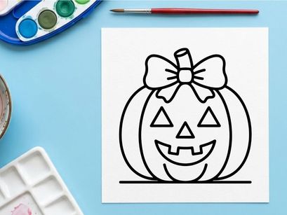 Hand-drawn Halloween jack-o-lantern with bow. Cute smiling pumpkin illustration for festive autumn decor.