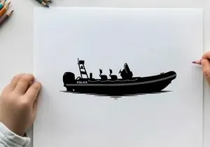 Police boat silhouette on calm waters at daytime