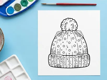 Ilustrasi seni garis topi musim dingin dengan pom pom untuk halaman mewarnai Natal