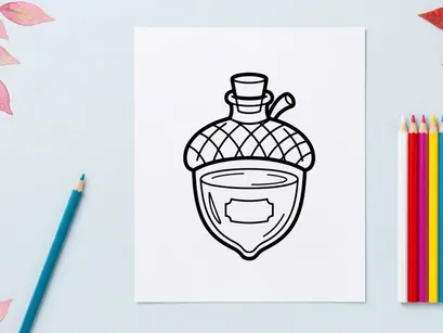 Acorn shaped potion bottle icon. Magic forest elixir flask in a simple line art style.